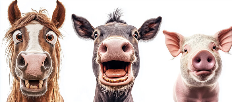 Des animaux de la ferme dr&ocirc;le et amusants, un cheval, une vache et un cochon sur un fond blanc.