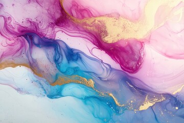 Fototapeta premium Flowing hues of clear tones, swirling metallic designs, and bubbly splashes of color create the backdrop of these vibrant, dynamic surfaces. Stylish abstract fluid art created with liquid ink methods