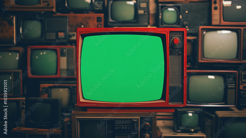 Poster artistic 3d rendered composition stack old classic television with green screen monitors random posi