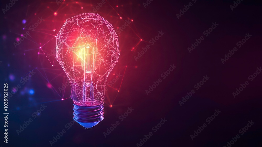 Poster a glowing light bulb made of connected lines and dots with a dark background.