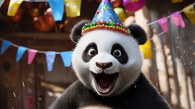 A Funny Panda Wearing a Festive Hat Celebrating a Birthday