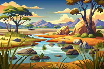 desert vector of savuti marsh landscape with trees and stones, cartoon background