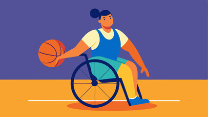 Fototapeta premium Wheelchair Basketball A determined athlete in a sleek wheelchair gripping a basketball with one hand while maneuvering skillfully around an opponent on the hardwood court.