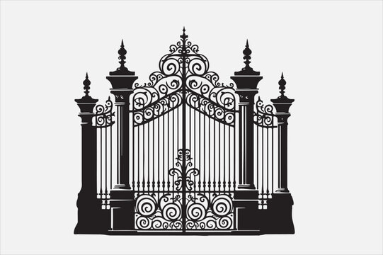 recommend clip art: A black and white silhouette of an ornate wrought-iron gate.