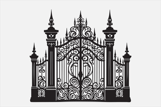 recommend clip art: A black and white silhouette of an ornate wrought-iron gate.