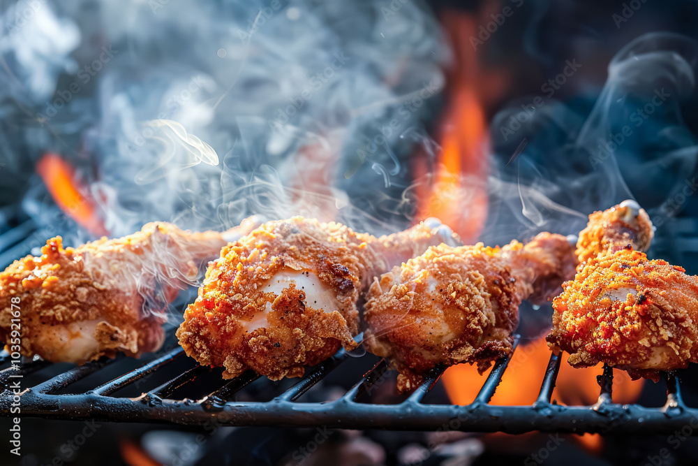 Wall mural three pieces of fried chicken are on a grill, with smoke rising from the grill.