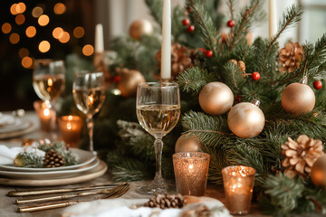 Elegant Christmas Table Setting with Wine Glasses, Candles, and festive Decorations including gold Ornaments and Pine Branches. New Year Inspiration