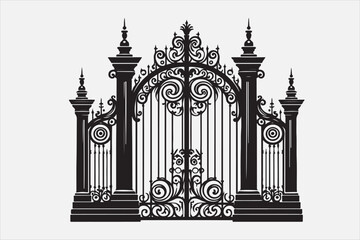 A black and white silhouette of an ornate wrought-iron gate.