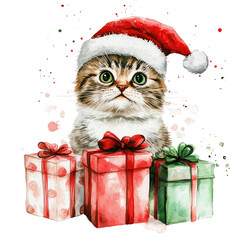Christmas Clip art Cat Gift with a hat watercolor Illustration Background.