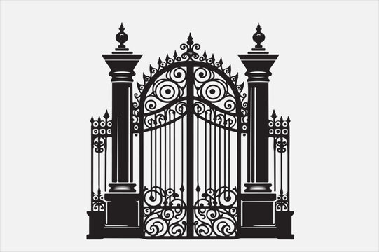 recommend clip art: A black and white silhouette of an ornate wrought-iron gate.