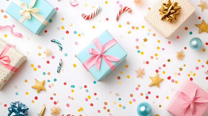 Fototapeta premium Over head flat lay view creative birthday party Mock up template with gift, streamer, star confetti, glitter on white background