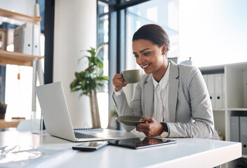 Office, businesswoman or tea with laptop for reading, research or update for case email. Career,...