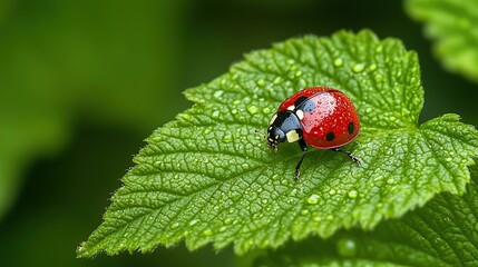 Fototapeta premium A ladybug on a green leaf with water droplets.
