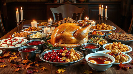 Celebratory Thanksgiving feast with roasted turkey and traditional sides