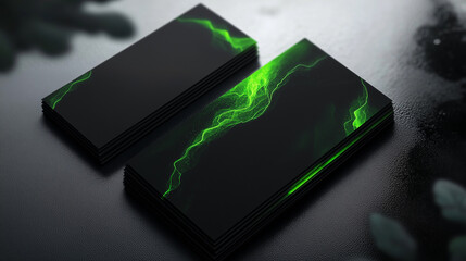 Two black rectangles with bright glowing green streaks lie on a black stone background