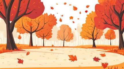 Autumn forest scene with falling leaves and trees in warm colors.