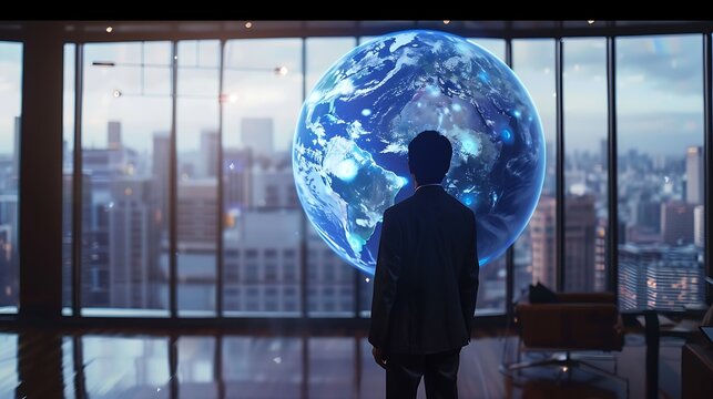 A holographic AI-generated globe displaying real-time environmental data in a futuristic office