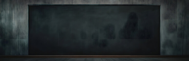 Naklejka premium Blank wide screen Real chalkboard background texture in college concept for back to school panoramic wallpaper for black friday white chalk text draw graphic. Empty surreal room wall blackboard pale.