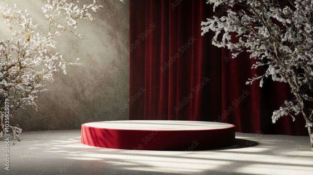 Poster a circular wooden platform draped in red fabric sits in an indoor space.