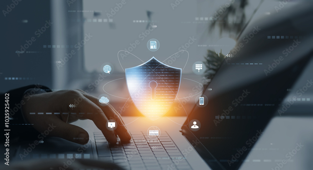 Poster person using laptop with digital padlock shield.cyber security protection concept.data protection co