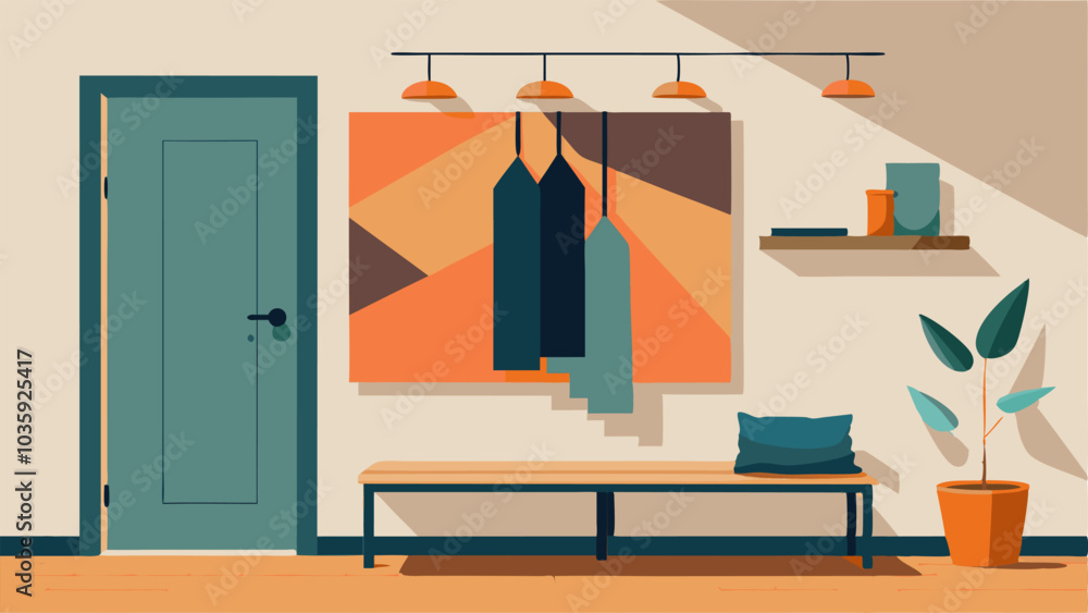 Poster the entryway is kept clutterfree with a builtin storage bench and coat rack. a large abstract painti