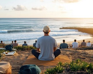 Meditation session at sunrise by the ocean, with an instructor guiding a group seated on mats amidst crashing waves