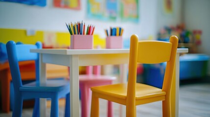 A colorful table and chairs in a preschool classroom.