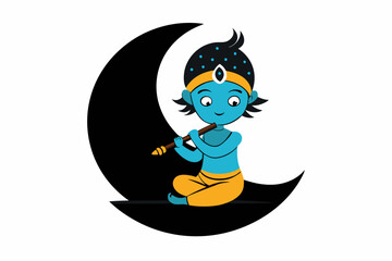 Beautiful krishna sitting on the moon silhouette black filled vector Illustration icon