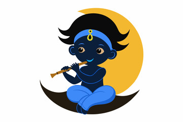 Beautiful krishna sitting on the moon silhouette black filled vector Illustration icon