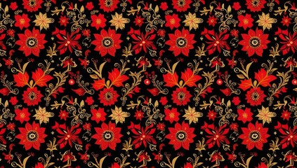 Black and red Russian Khokhloma pattern background