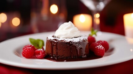 A decadent chocolate lava cake oozing with molten ganache, served on a pristine white plate, Cake centered