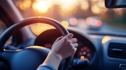 
Woman hand holding a steering wheel: A hand gripping a car steering wheel, with a blurred road ahead.