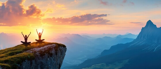 Yoga practitioners on a mountain ledge, synchronized in graceful poses during a vibrant sunset