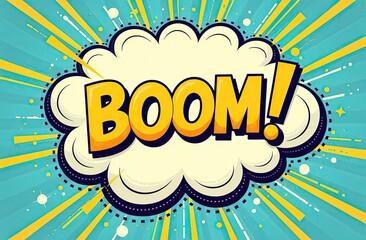 Obraz premium Boom pop art cloud bubble. Smile, wow, pow, cool, ok, oops, wtf funny speech bubble. Trendy Colorful retro vintage background in pop art retro comic style. Illustration easy editable for Your design 
