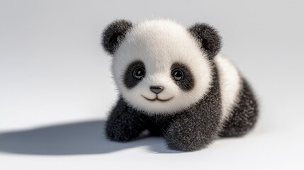 Obraz premium Adorable baby panda with black and white fur, big eyes, and a cute smile, against a plain white background.