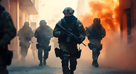 Swat team conducts a tactical operation in an urban area during daylight hours amidst smoke and chaos