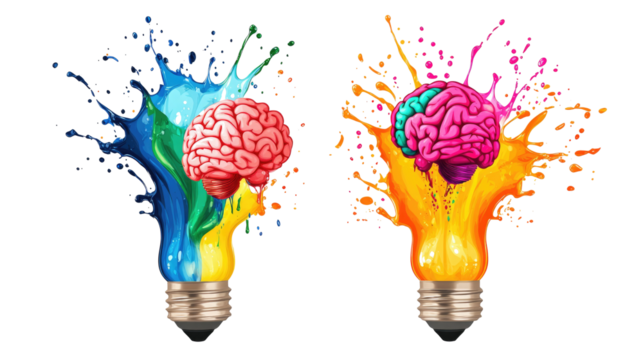 Colorful Brain Splashes From Light Bulbs on Clear Background Generative AI