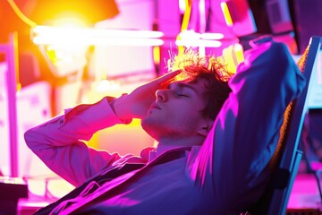 stress, tiredness, boredom Concept,Neon Burnout: A young man slumped in his office chair, bathed in the vibrant glow of neon lights, captures the exhaustion and stress of modern work culture.