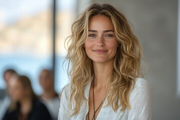 Happy businesswoman presenting a new project to her team during a meeting in the office