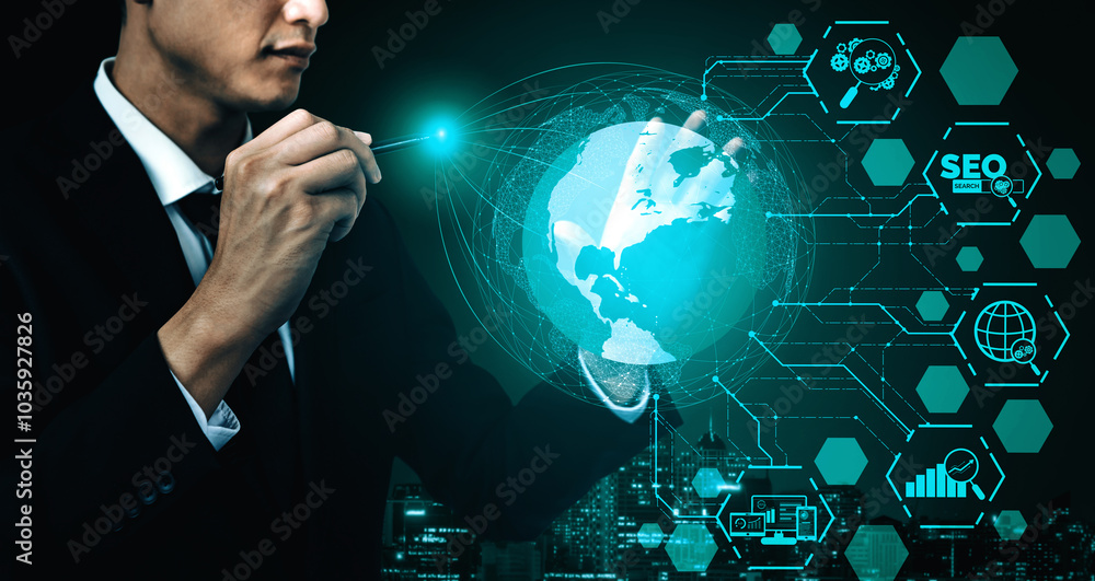 Aufkleber seo - search engine optimization for online marketing concept. modern interface showing symbol of ke