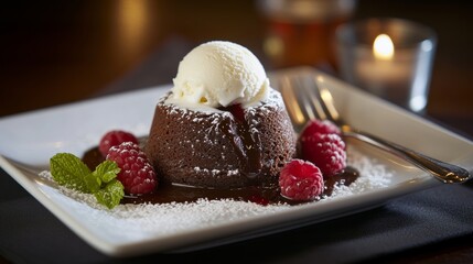 A decadent chocolate lava cake with a molten center, served with vanilla ice cream and berries, Chocolate lava cake centered