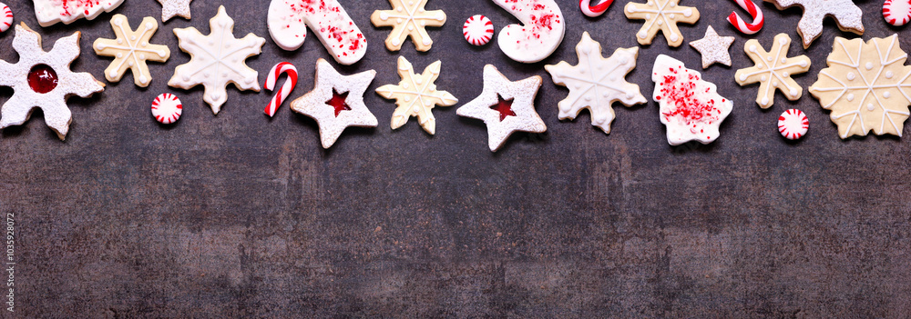Poster christmas baking top border with an assortment of red and white theme cookies and candies. overhead 