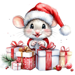 Christmas Cute Mouse Gift Illustration Clip art with a hat watercolor Illustration Background.