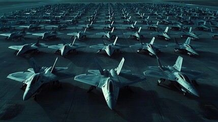 Large group of fighter jets sitting on top of airport tarmac
