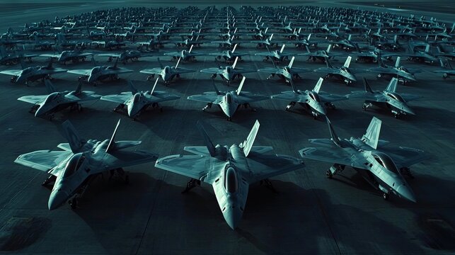 Large group of fighter jets sitting on top of airport tarmac - Powered by Adobe