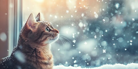 Cat Watching Snow Fall From Window - Winter Pet Photography