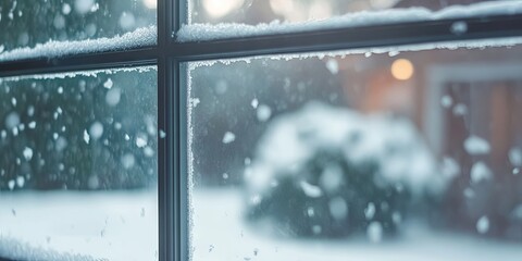 Naklejka premium Snowy Winter View Through Window Pane