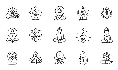 Yoga and meditation icons in line art, black outlines on white, minimalist vector style