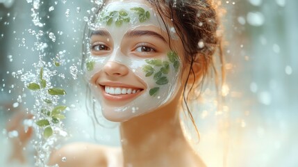 A woman smiles brightly, embracing nature with her herbal face mask and joyful spirit