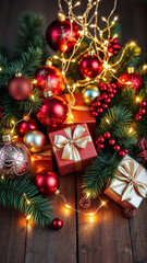 Christmas decorations with red and gold ornaments and gifts on wooden table